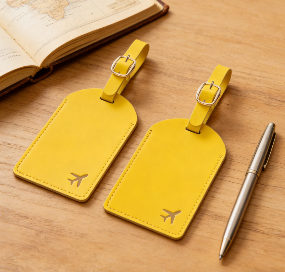 2-Piece Lemon Yellow PU Leather Luggage Tags with Privacy Protection - Image 2