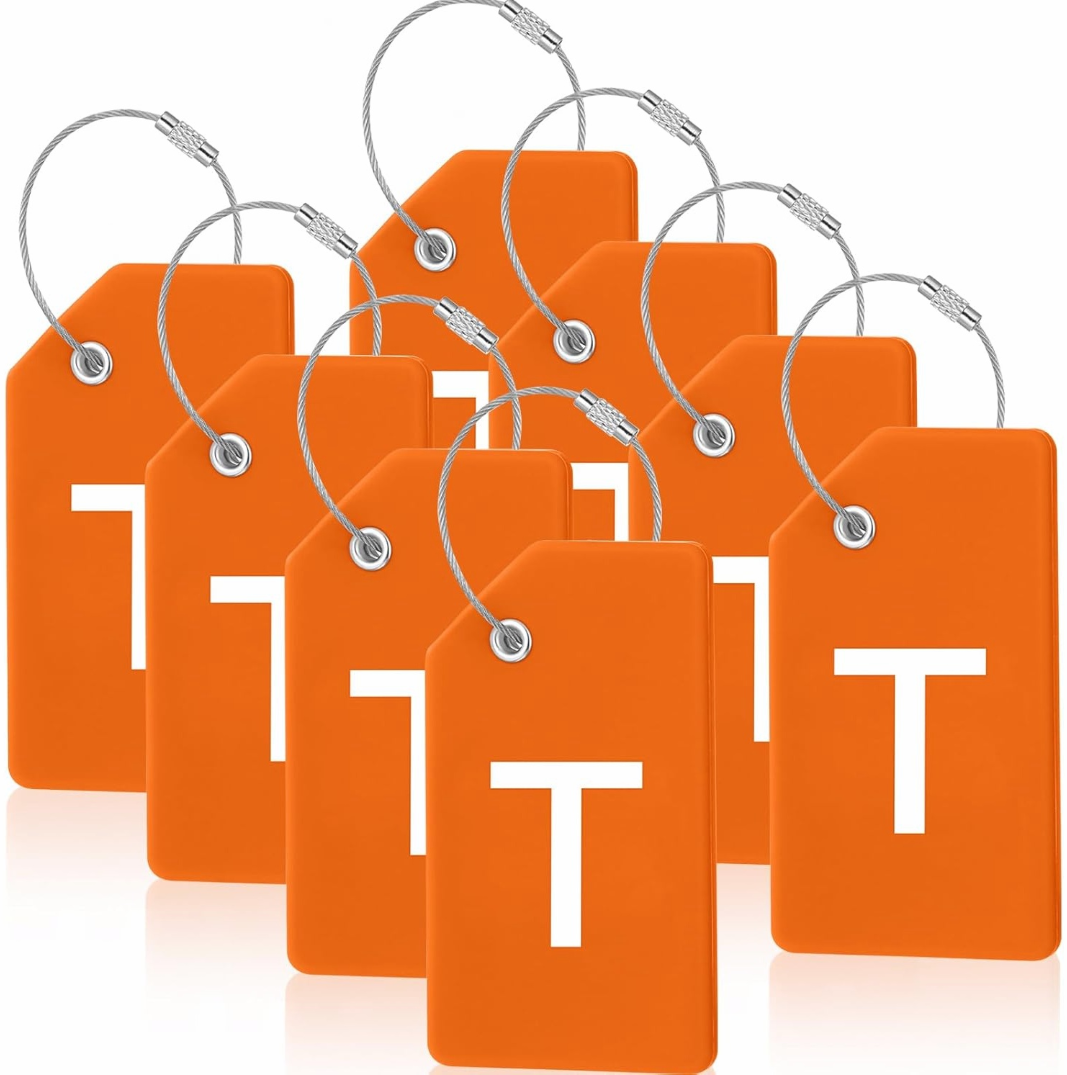 8-Piece Orange Silicone Luggage Tags with Initial Letter and Steel Loop