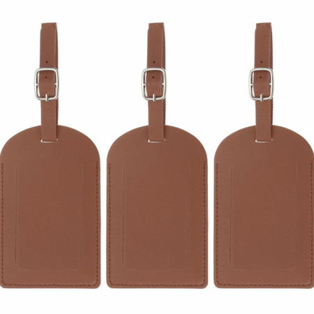 3-Piece Brown Premium PU Leather Luggage Tags with Privacy Protection