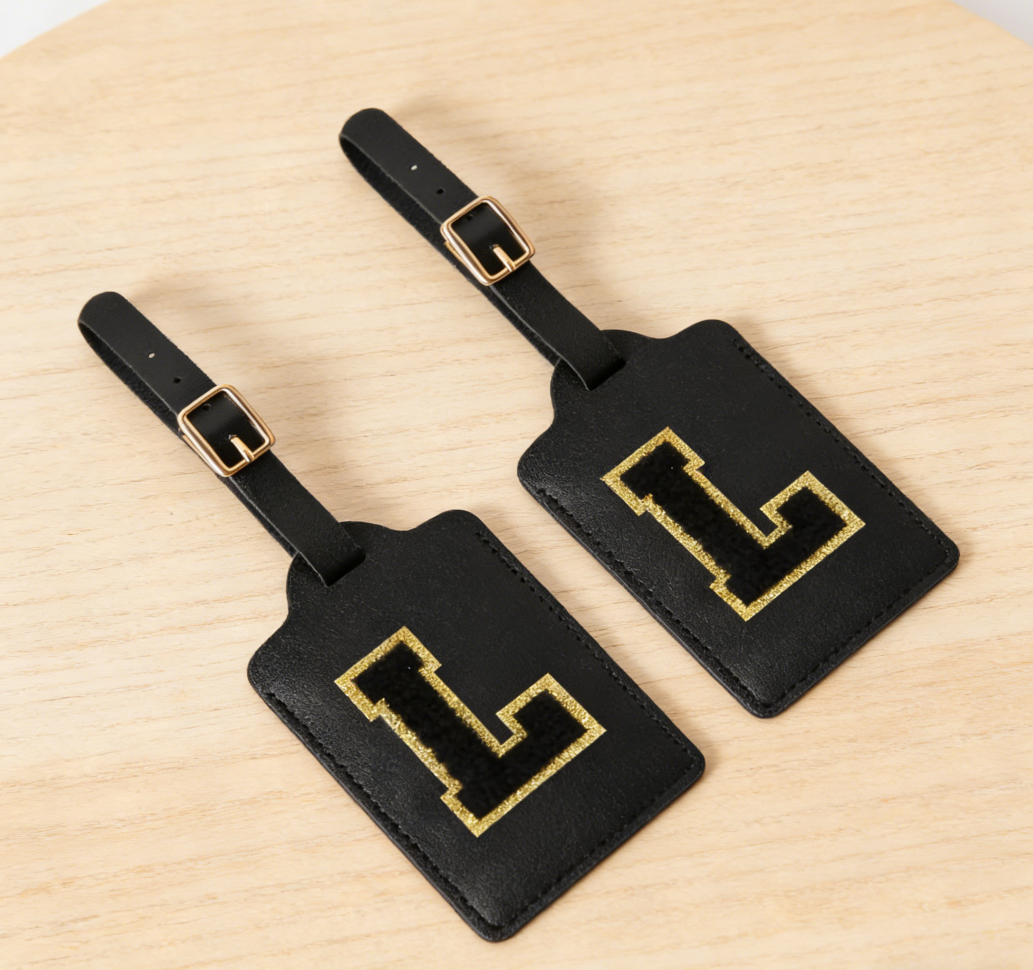 2-Piece Black Personalized Initial Luggage Tags with Chenille Letter - Image 2