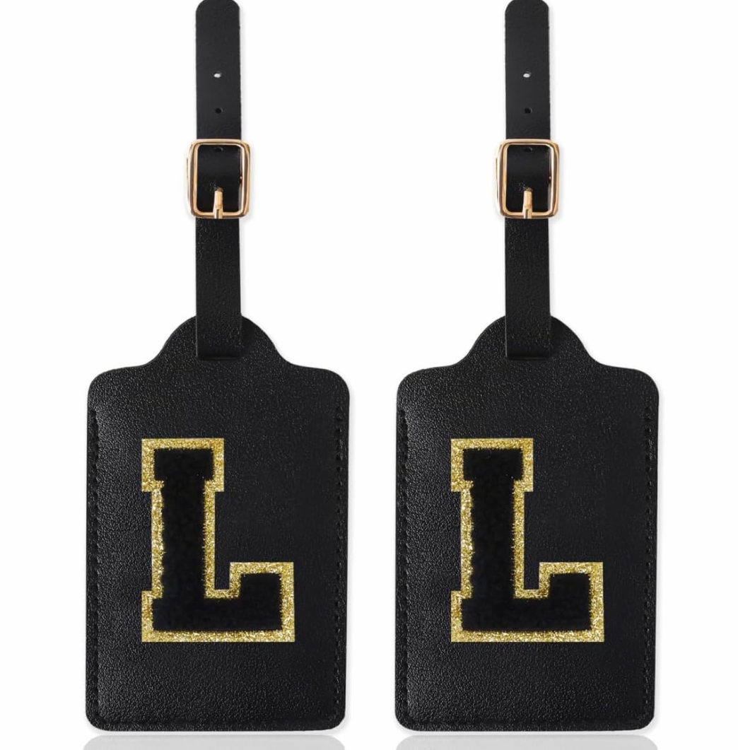 2-Piece Black Personalized Initial Luggage Tags with Chenille Letter