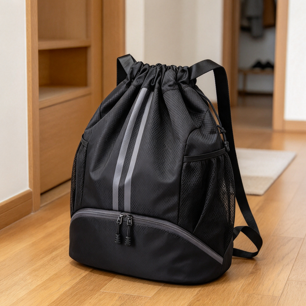 Black Drawstring Backpack Gym Bag with Shoes Compartment - Image 2
