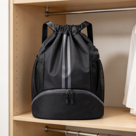 Black Drawstring Backpack Gym Bag with Shoes Compartment