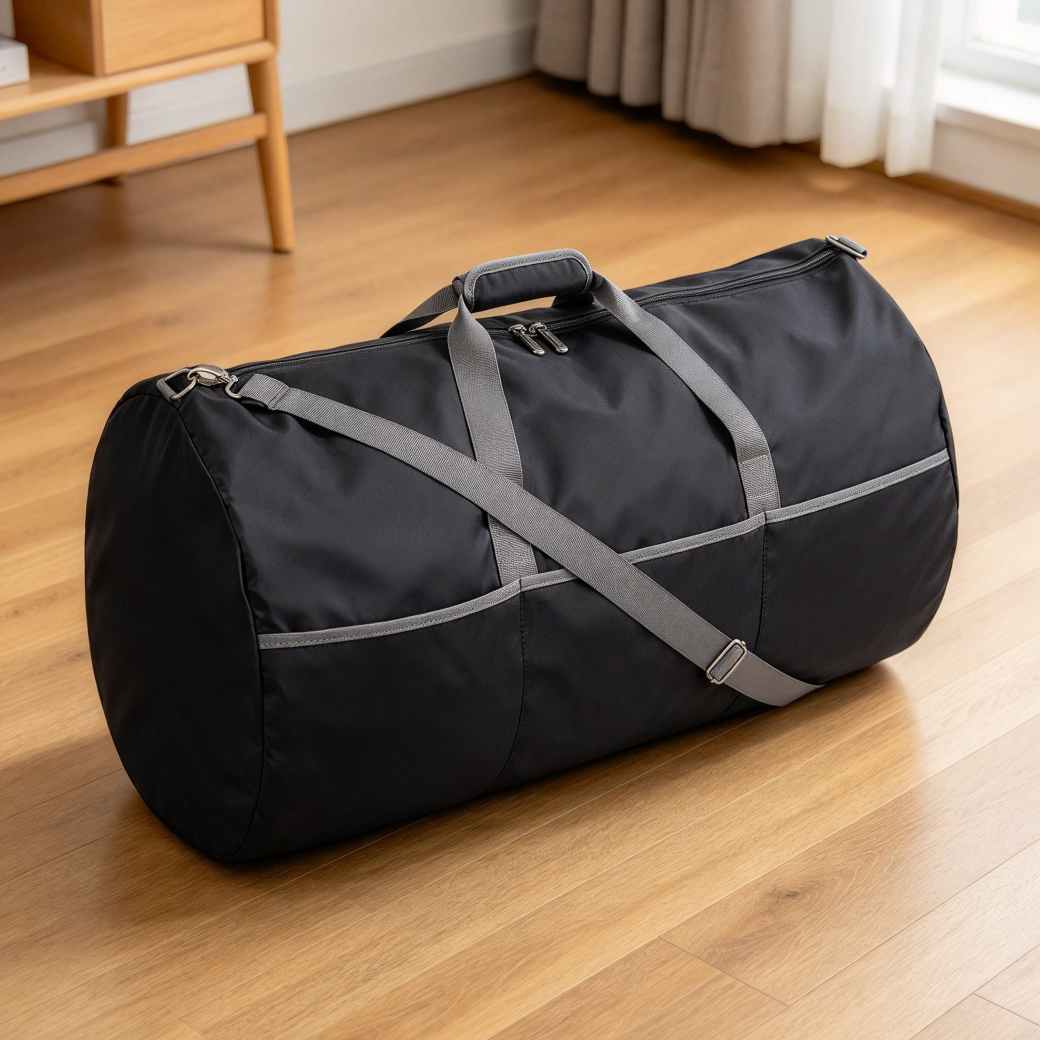 Black Extra Large Foldable Nylon Duffel Bag with Zippered Pockets - Image 2