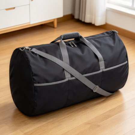 Black Extra Large Foldable Nylon Duffel Bag with Zippered Pockets