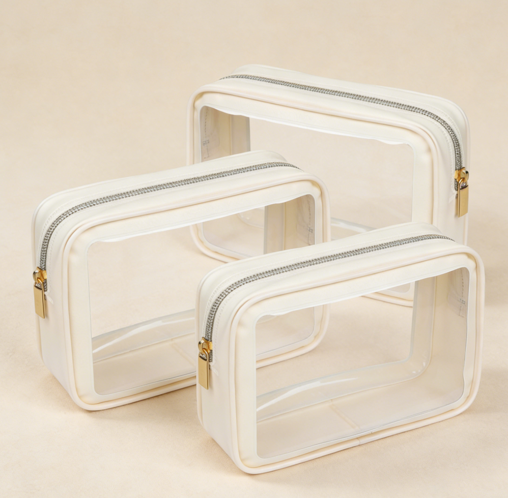 3-Piece Beige Clear Foldable Water-Resistant Toiletry Bag Set - Image 2