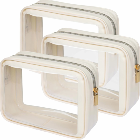 3-Piece Beige Clear Foldable Water-Resistant Makeup Bag Set