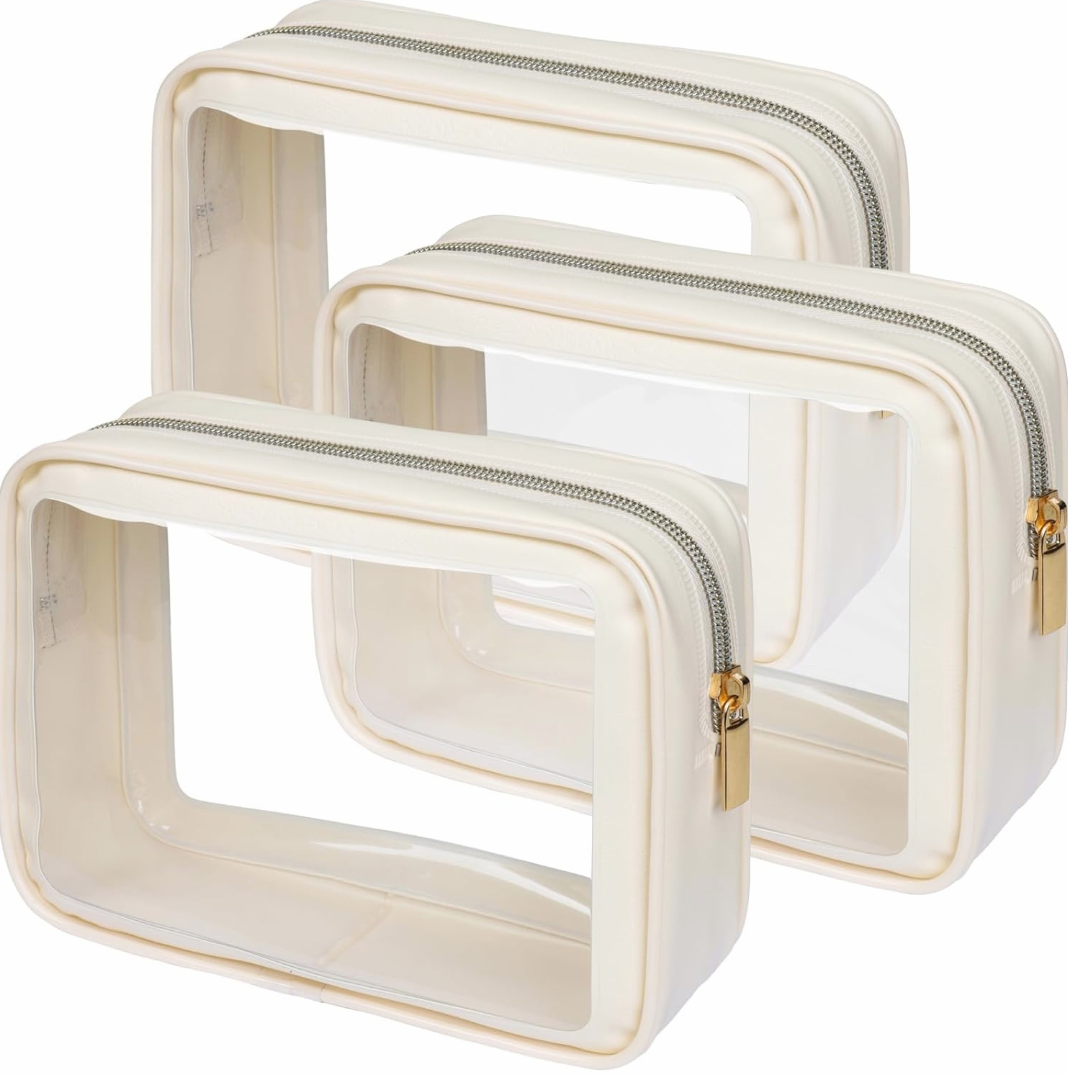3-Piece Beige Clear Foldable Water-Resistant Toiletry Bag Set