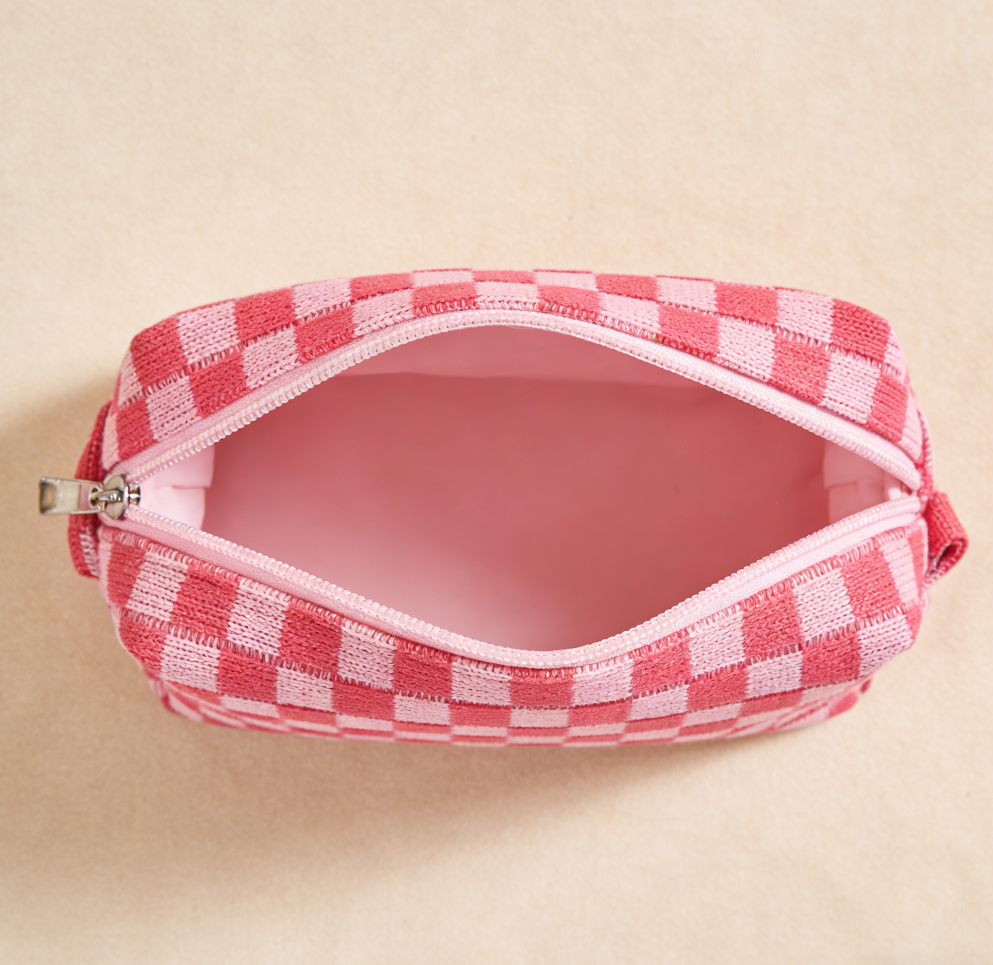 2-Piece Rose Red Checkered Large Travel Toiletry Bag Set - Image 2