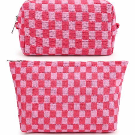 2-Piece Rose Red Checkered Large Travel Makeup Bag Set