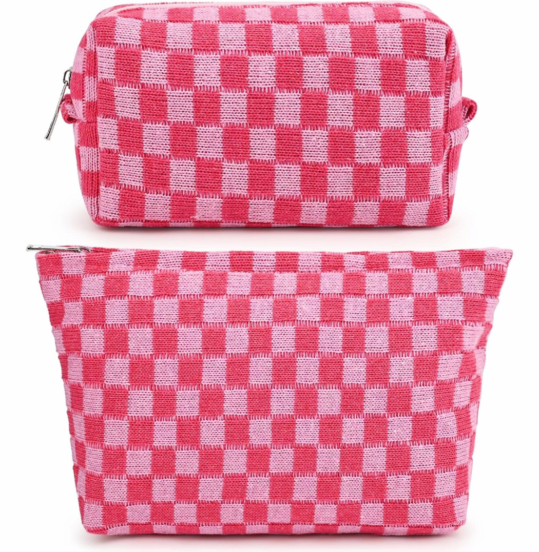 2-Piece Rose Red Checkered Large Travel Toiletry Bag Set