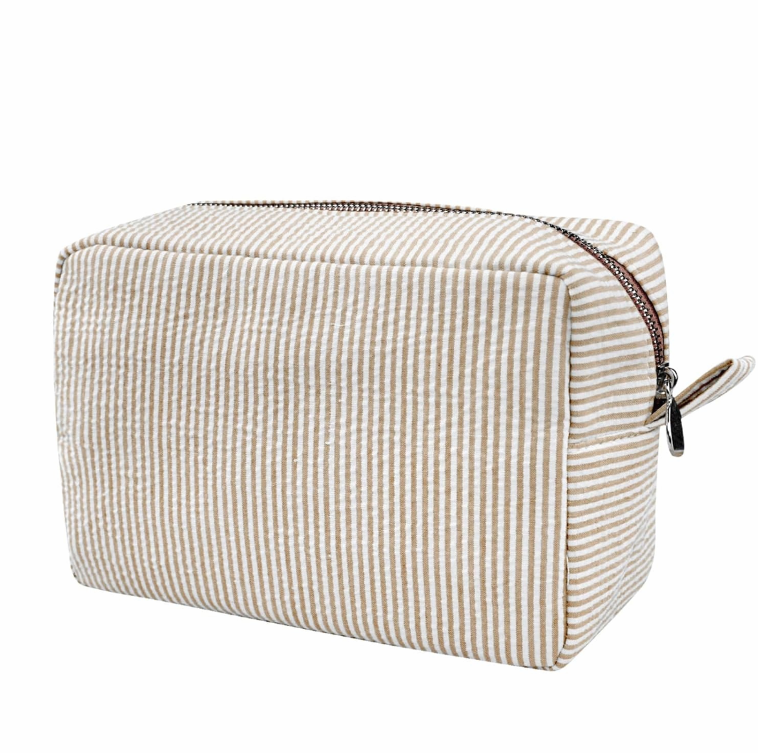Brown Seersucker Large Travel Toiletry Organizer Bag