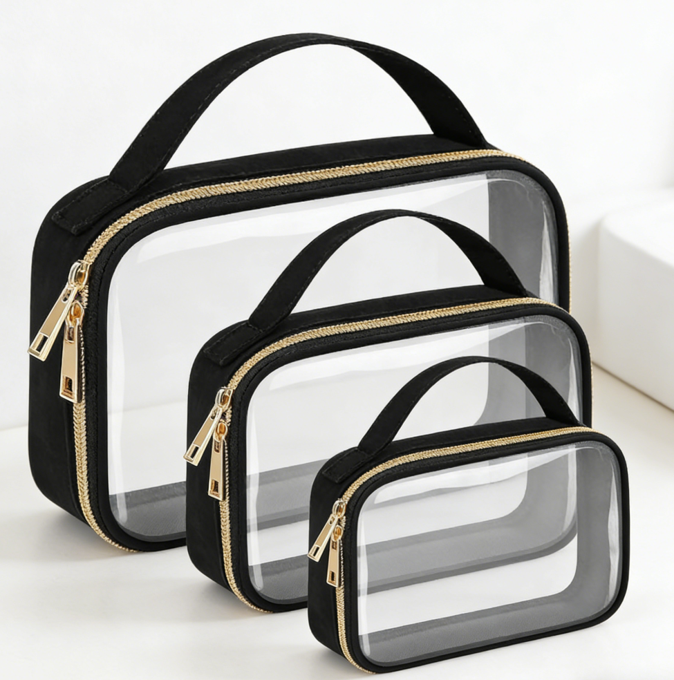 3-Piece Black Clear Toiletry Bag Set with Handles - Image 2