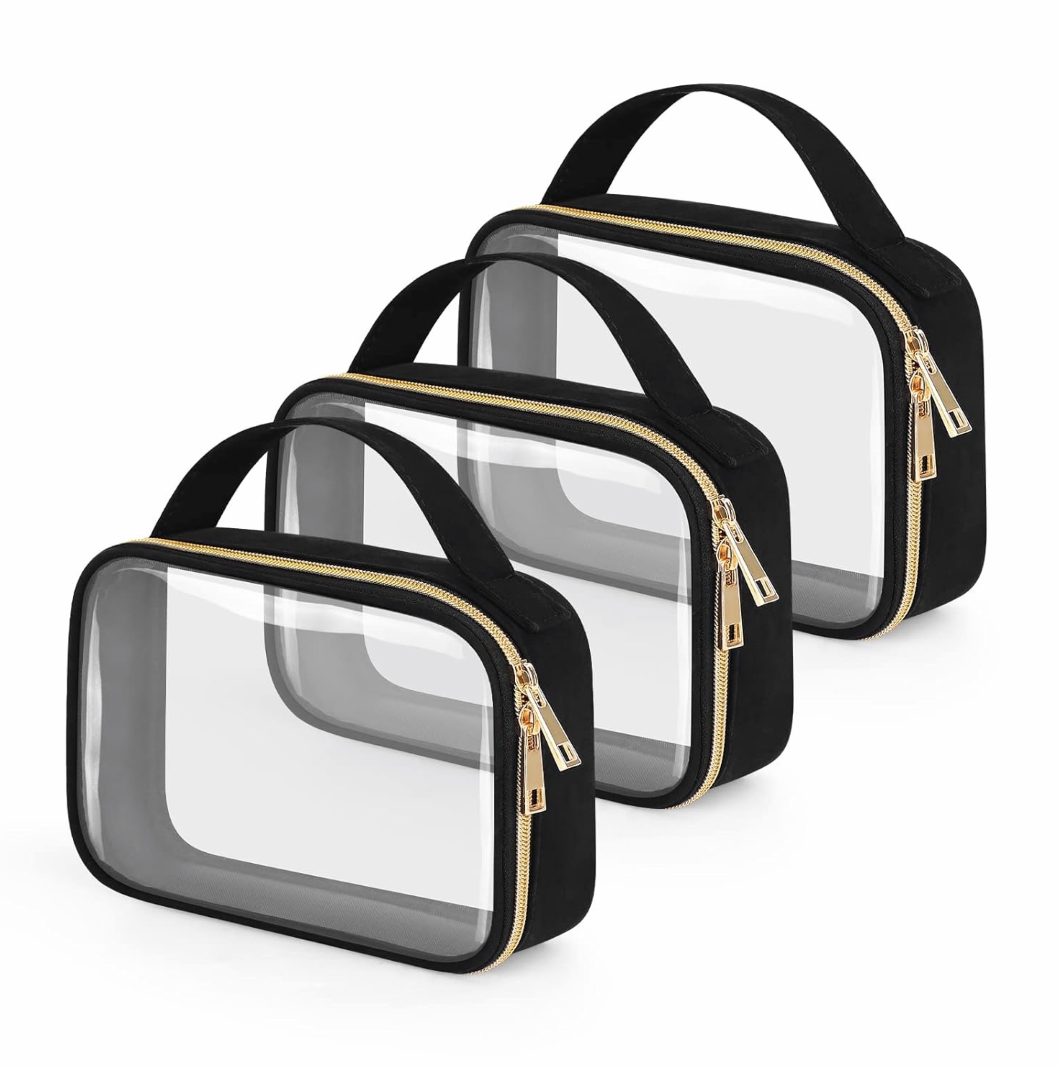 3-Piece Black Clear Toiletry Bag Set with Handles
