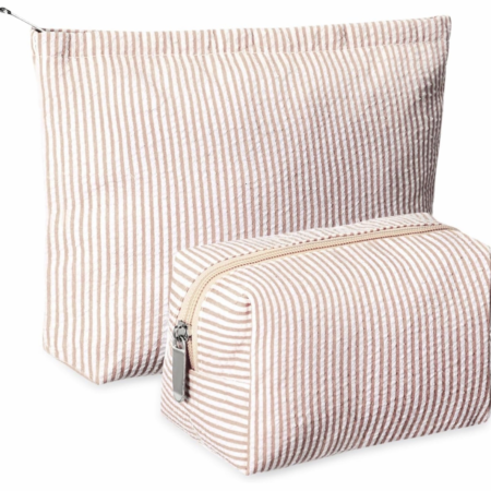 2-Piece Khaki Seersucker Travel Pouch Set for Women