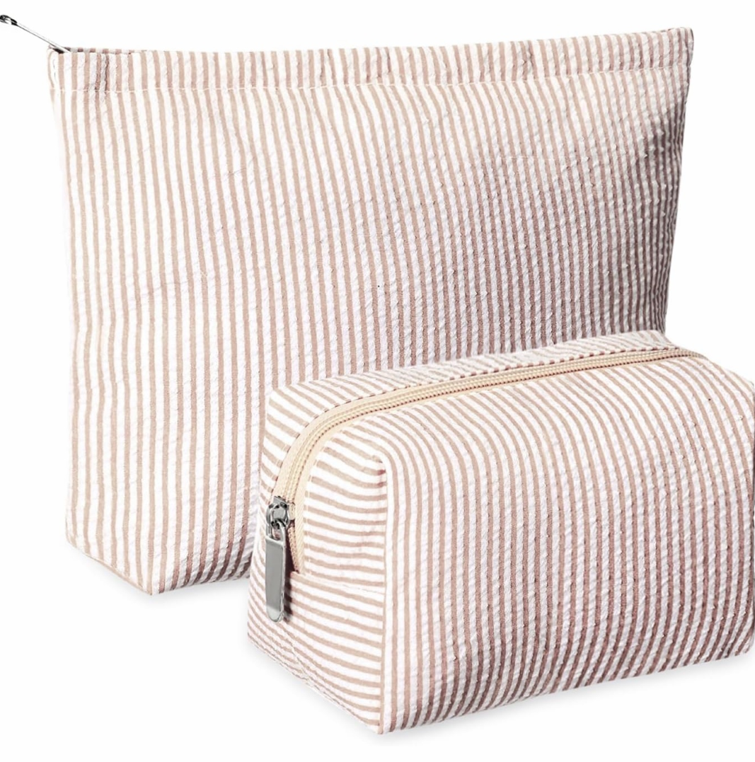 2-Piece Khaki Seersucker Travel Pouch Set for Women