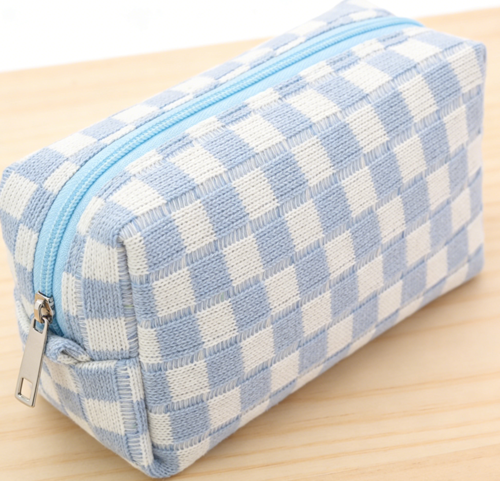 Blue Checkered Small Portable Zipper Toiletry Bag - Image 2