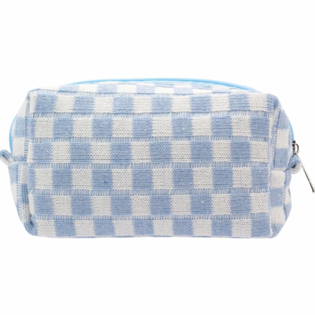 Blue Checkered Small Portable Zipper Makeup Pouch