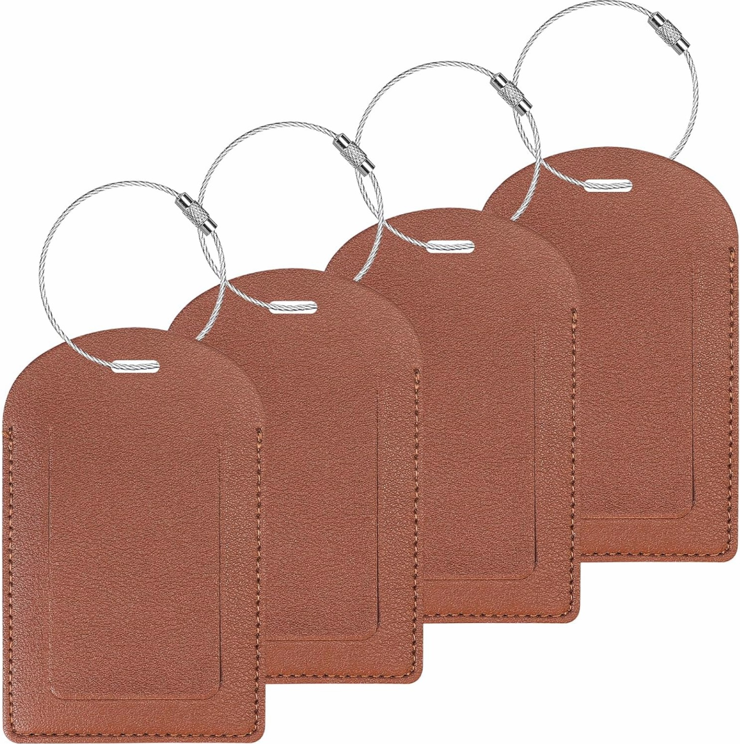 4-Piece Brown PU Leather Luggage Tags with Privacy Cover
