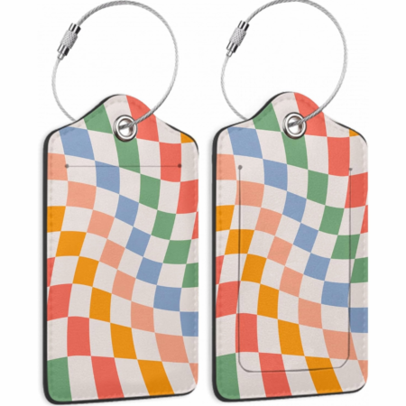 2-Piece Checkered Leather Luggage Tags with Privacy Cover and Steel Loop